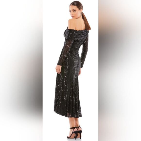 Mac Duggal ONE SHOULDER SEQUIN LONG SLEEVE MIDI DRESS NWT size 8 black (26551) - Picture 2 of 6